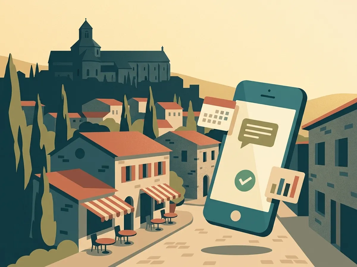 An illustration of a small hotel in the hills below an abbey, with a phone showing new bookings